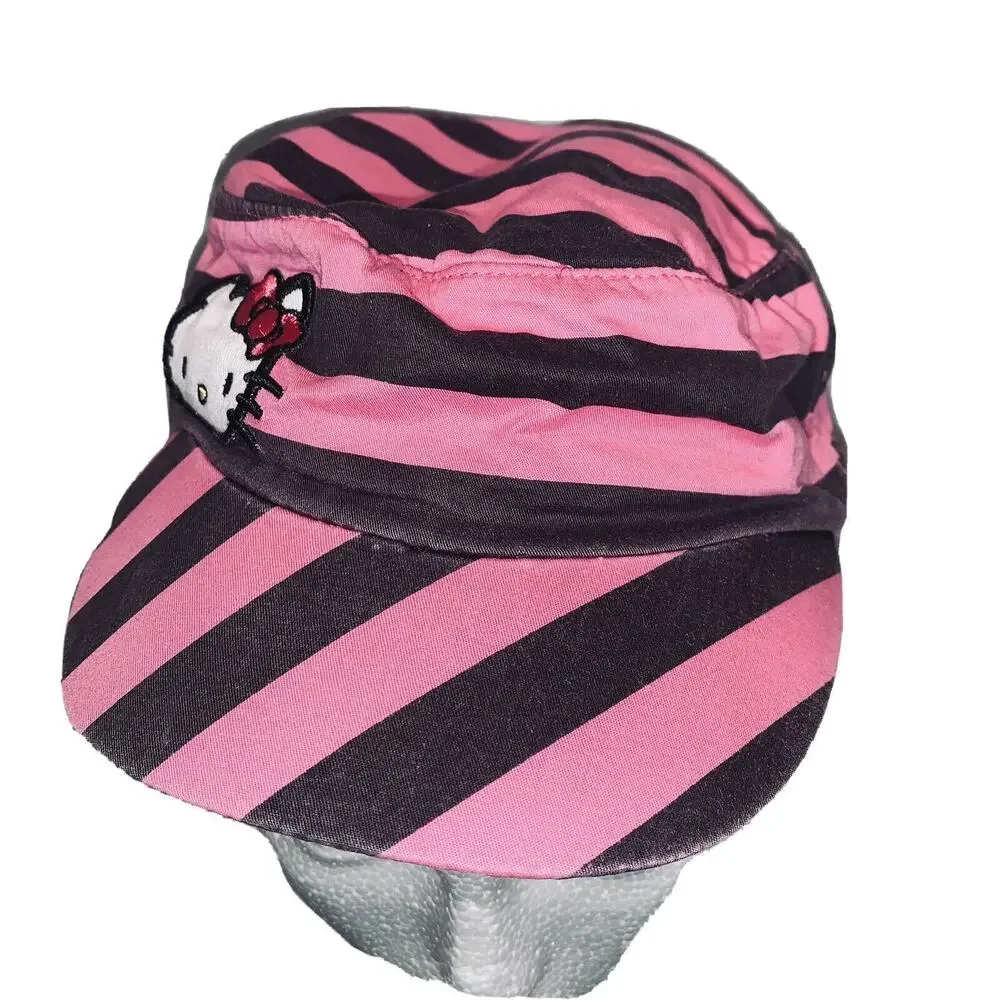 Hello Kitty Cadet Cap Hat Maroon Pink Striped Sanrio Distressed Girls 1976 2010